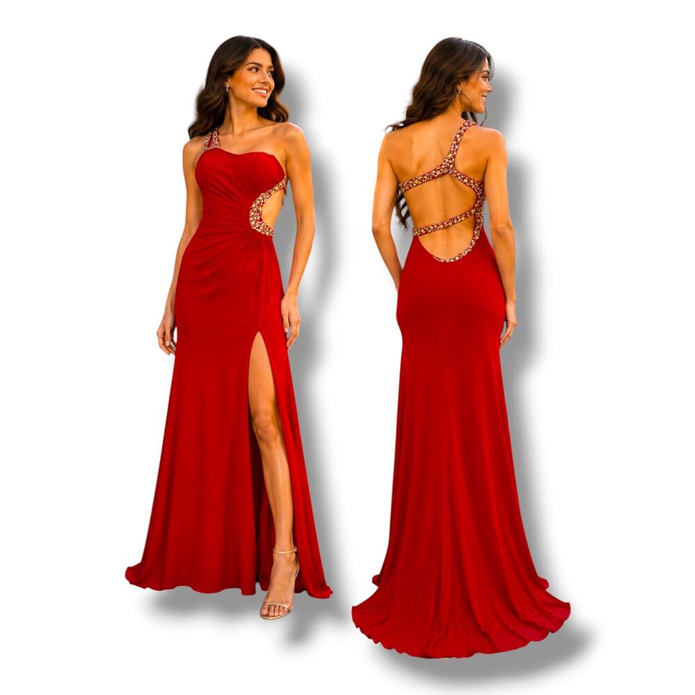 GIGI Red Rhinestone Cutout Gown Size 2 One Shoulder Prom Formal Pageant Dress